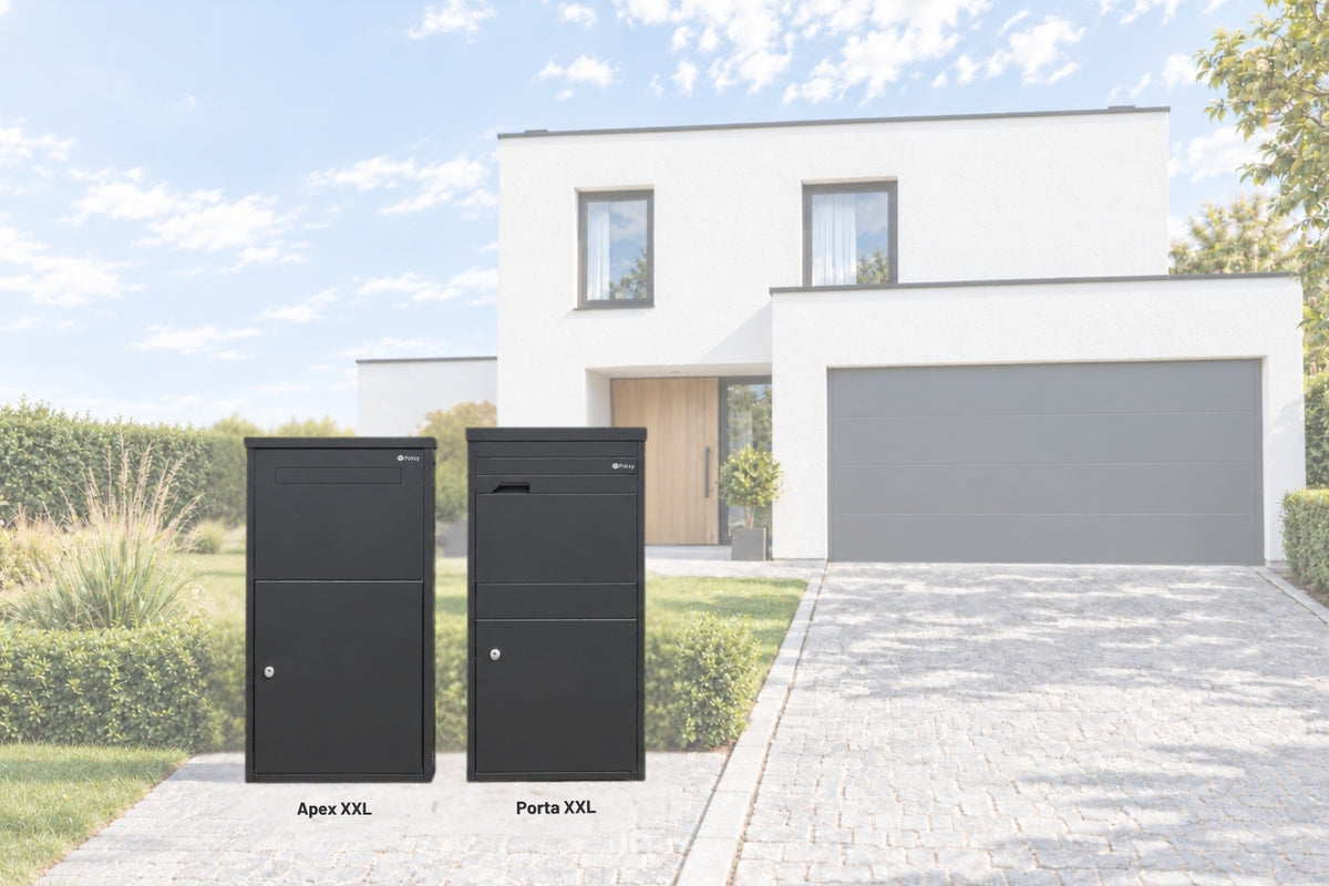 Paksy Apex XXL en Porta XXL pakketbrievenbussen bij een moderne woning